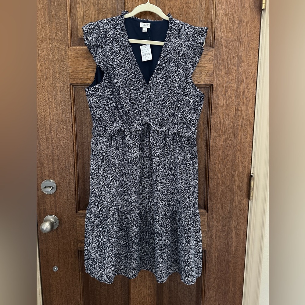 NWT J Crew 16 Floral Sleeveless Dress with ruffles- fully lined! Navy and white